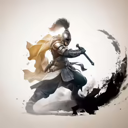an illustration of a man in armor walking with two swords