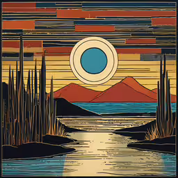 a poster with the sun and a river,a painting with the sun shining in the background