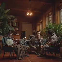 three people are sitting in chairs and one is looking at his cell phone