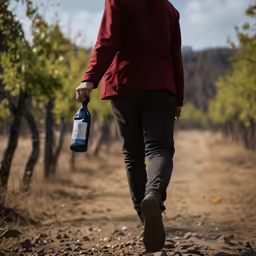 person in red shirt with black pants walking with brown boots on