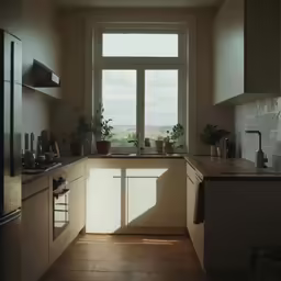 an empty kitchen with a window, cabinets, and dishwasher