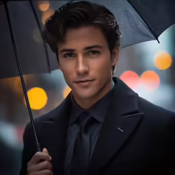 a young man in a suit holds an umbrella