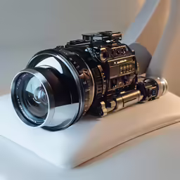 this camera is laying on a white cloth