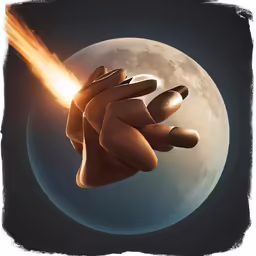 a picture of a hand touching the moon with a bright beam on its finger