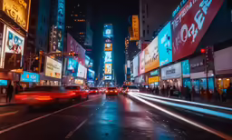 car in busy downtown with brightly lit buildings and people