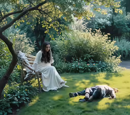 the woman is sitting on a bench with the dog beside her