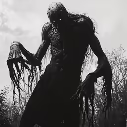 a creepy looking man with long hair is wearing a costume