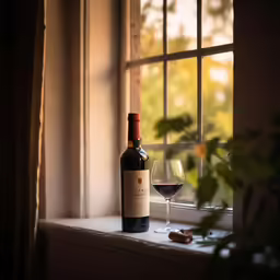 a bottle of wine sitting next to a glass