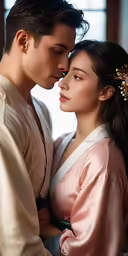 a young asian man holding the forehead of a young asian woman