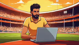 a man is on a computer while sitting in front of a crowd,the man is sitting at the table with a laptop