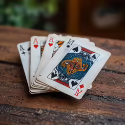 a stack of playing cards sitting on top of a wooden table