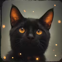 a black cat with yellow eyes sitting in front of a wall