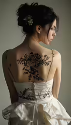 a woman with a tattoo on her back standing