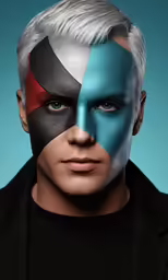 a man with a painted face and a black t - shirt