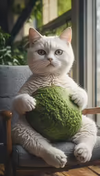 the cat is holding a green object while sitting on the chair