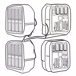 four lunch boxes with lids on the bottom and the top is open,a set of four toasters with doors open,a black and white drawing of four pieces of luggage,four handbags and four knives and wires line art drawing by person,the four compartmented cages in this drawing are labeled