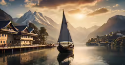 a boat floating on top of a river next to a mountain range