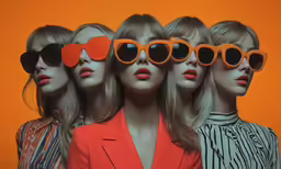 four mannequins wearing vintage sunglasses against an orange background