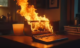 the flames go up on the laptop and the glass