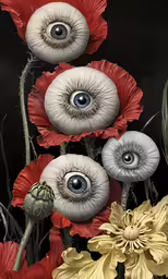three flowers with evilly designed eyes behind them