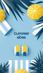 a blue and yellow background with some yellow umbrellas