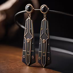 black and gold earrings are featured on a wooden surface