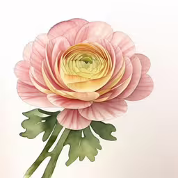 a painting of a pink flower with leaves,the pink flower is very large and it looks like it has long leaves