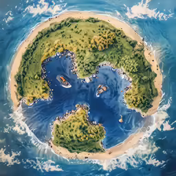 an island on an ocean with two canoes
