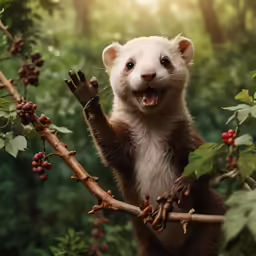 a white animal with its mouth open hanging on a tree branch