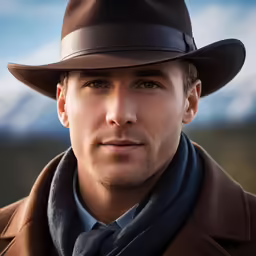 a close up of a man in a suit and tie wearing a hat