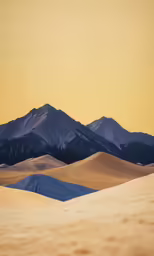 desert landscape of sand dunes with mountains in the distance