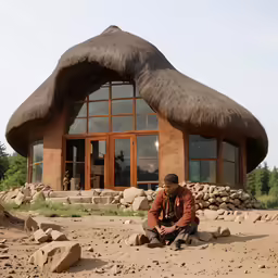 a man crouches next to a hut on a dirt land