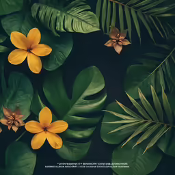 a photo with tropical leaves, flowers and branches