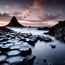 a long exposure of a stone beach with a small mountain behind it