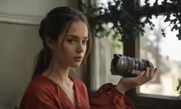 a young woman holds up a camera to take a photo