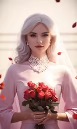 this blonde model is dressed in a pink gown and holds flowers