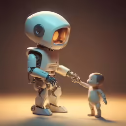 an robot and baby doll, one holding the arm