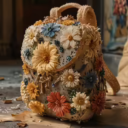 a purse made out of fake flowers sitting on a dirty floor