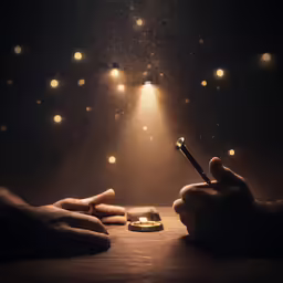 someone is lighting up their cell phone at a dark table