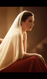 a woman in white sitting on a chair with her dress blowing back