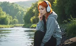 young woman with red hair sitting near a river in a park,a woman with headphones is sitting next to the water