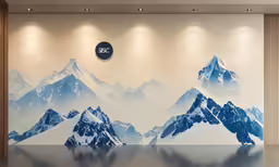 an advertisement hangs on a wall near a large window