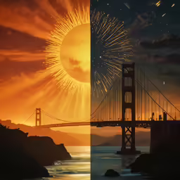 the sun shining behind a bridge with a firework display