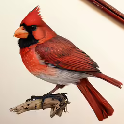 a bird with red feathers and black spots, sitting on a branch, looking out over its shoulder