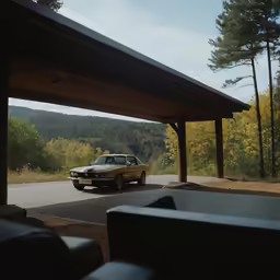 a car parked under a covered area near trees