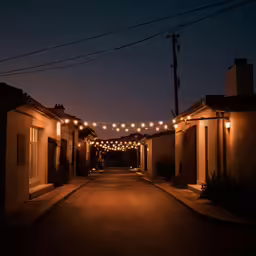 the lights glow in the evening while buildings line the street