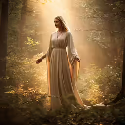 a woman wearing a beige dress standing in the woods