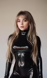 the young woman wears rubber suit and black boots