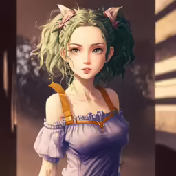 the illustration of a woman with green hair, with bows on her head
