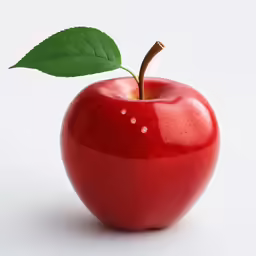 a very small red apple with a leaf sticking out of it